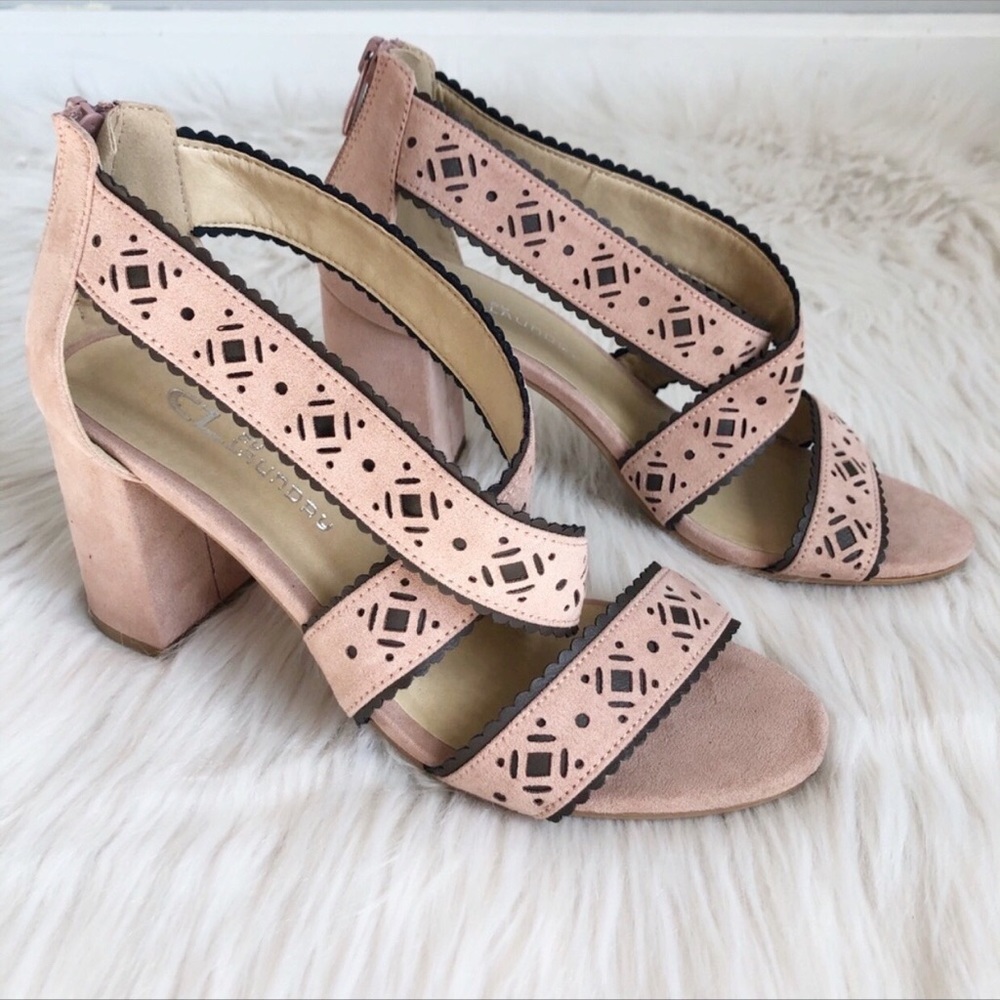 CL by Laundry Pink Suede Laser Cut Heeled Sandals, size 7.5